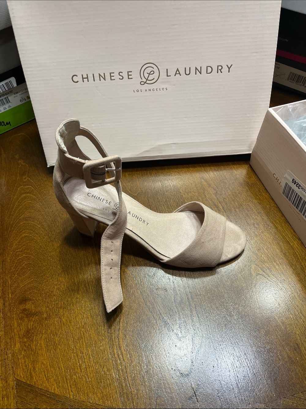 Chinese Laundry Taupe Suede Ankle Strap Block Heel Sandal